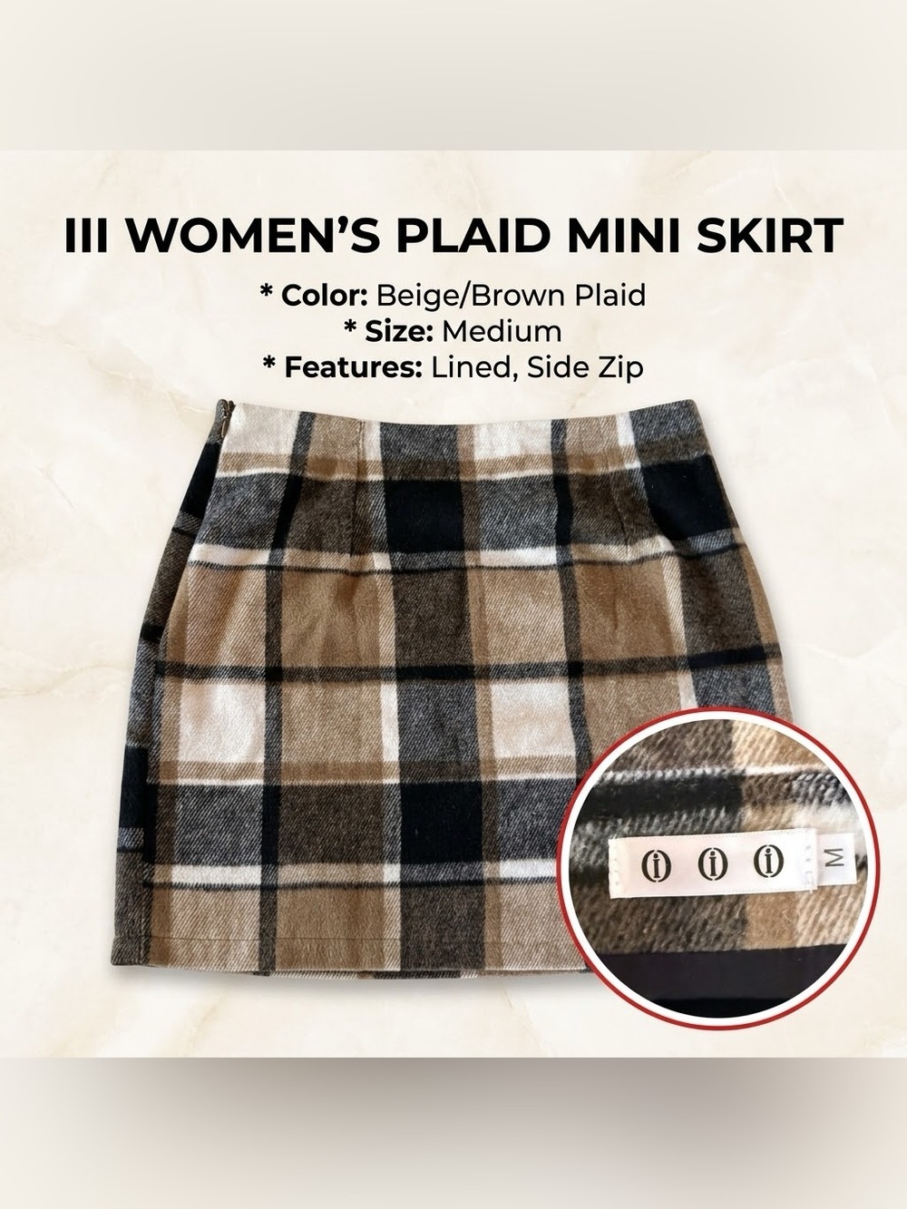 III Three Circles Beige Brown Plaid Mini Skirt Women's Size Medium
